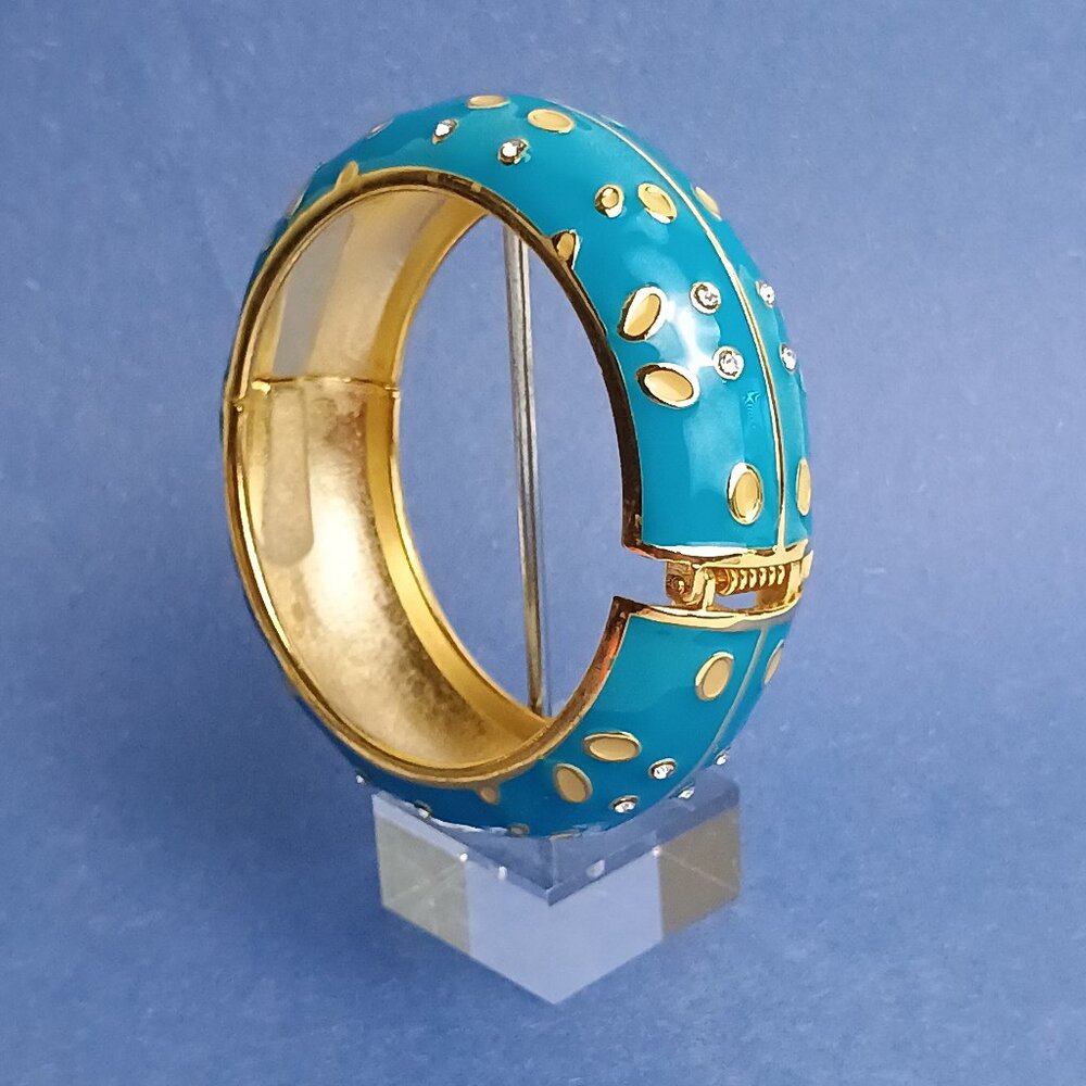 Sesame Seeds Pattern Enamel Cyan Blue Hinge Cuff Bracelet Gold Tone Statement